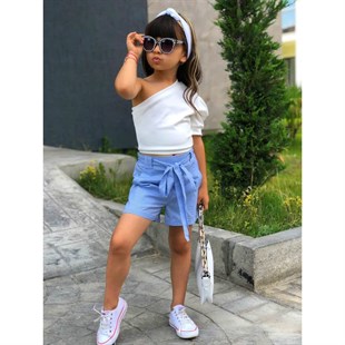 Kız Çocuk Tek Omuzlu Bluz ve Mavi Şort Takımı