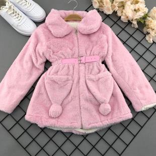 Kız Çocuk Toz Pembe Tavşan Modeli Kürklü Mont