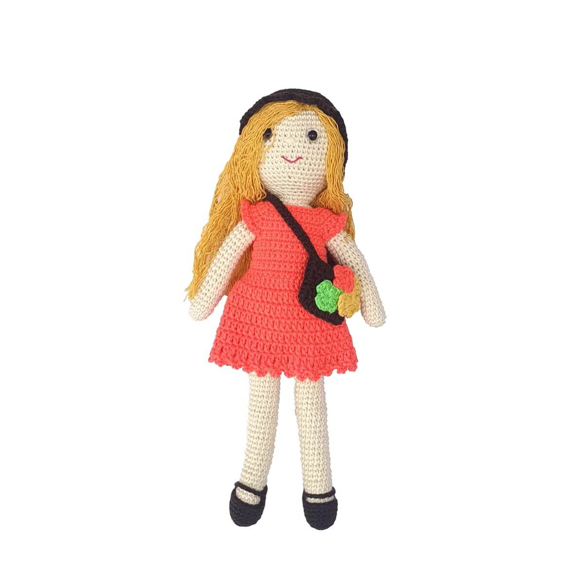 Amigurumi Özel Tasarım Organik El Örgüsü Çantalı Kız Bebek Oyuncak-Ev Gereçleri-QuzucukKids.com