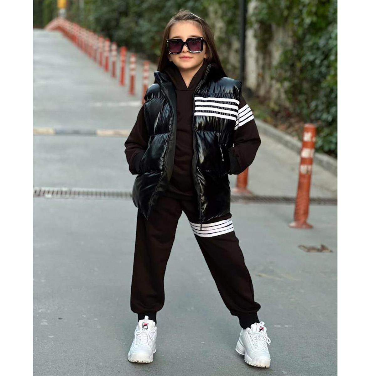 Çocuk Siyah Şişme Yelekli 3'lü Eşofman Takımı -Kız Çocuk Alt Üst Takım-Kız Çocuk Hardal Ekose 3'lü Takım | QuzucukKids.com-QuzucukKids.com