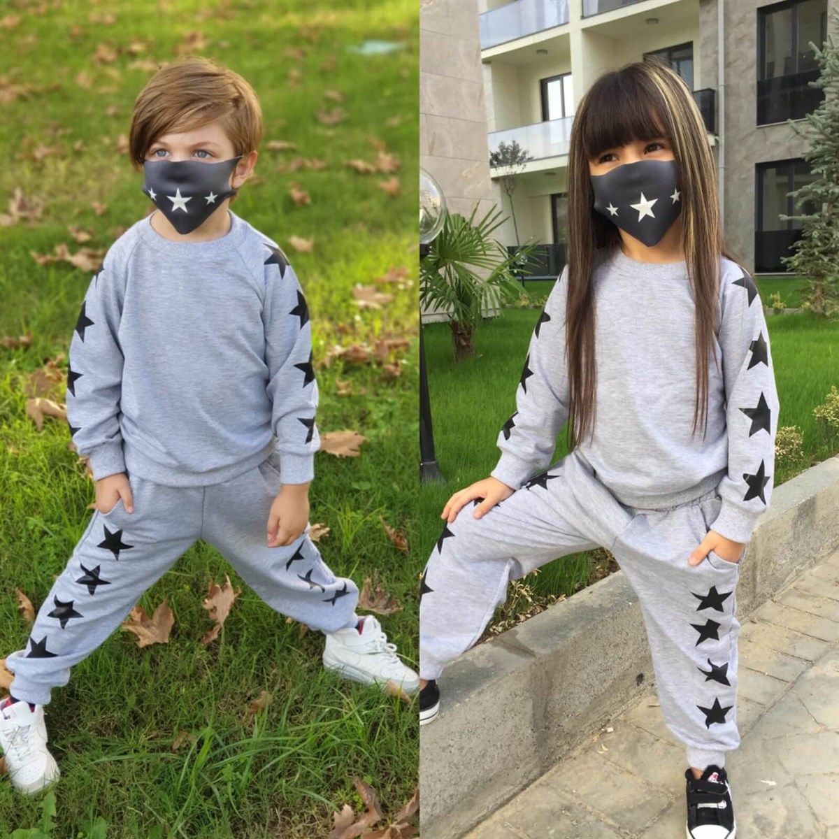 Çocuk Yıldız Figürlü Maskeli Gri Eşofman Takımı-Erkek Çocuk Alt Üst Takım-QuzucukKids.com
