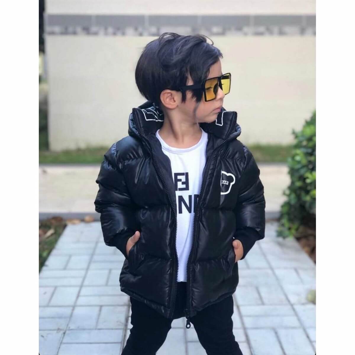 Erkek Çocuk Ayıcık Figürlü Siyah Mont-Kid Boy Jacket-QuzucukKids.com