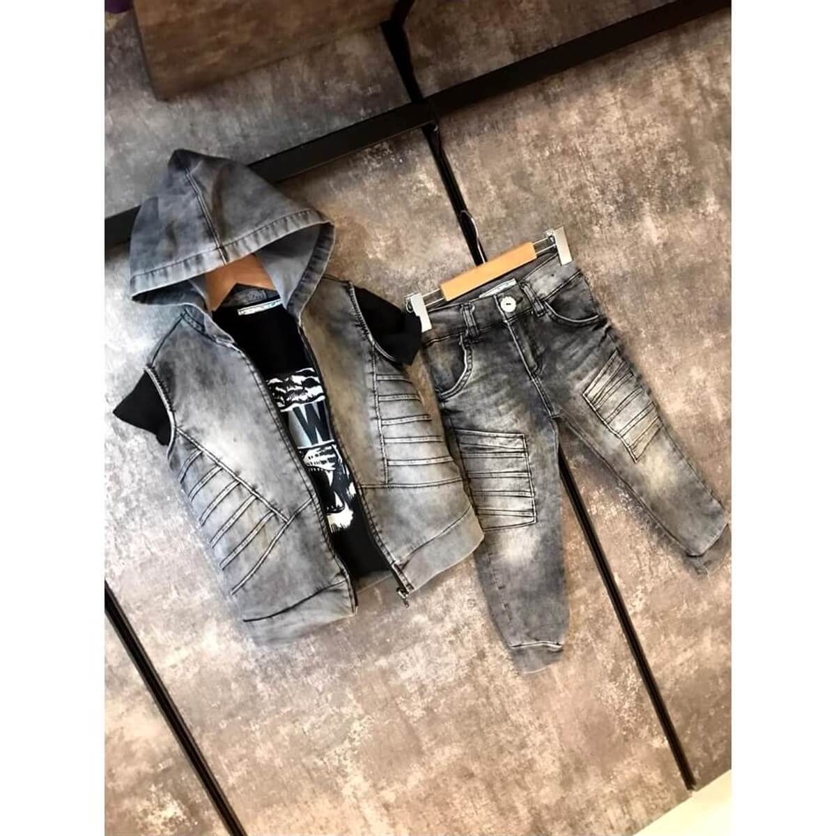 Erkek Çocuk Denim Yıkamalı Pantolonlu Takım-Erkek Çocuk Alt Üst Takım-QuzucukKids.com