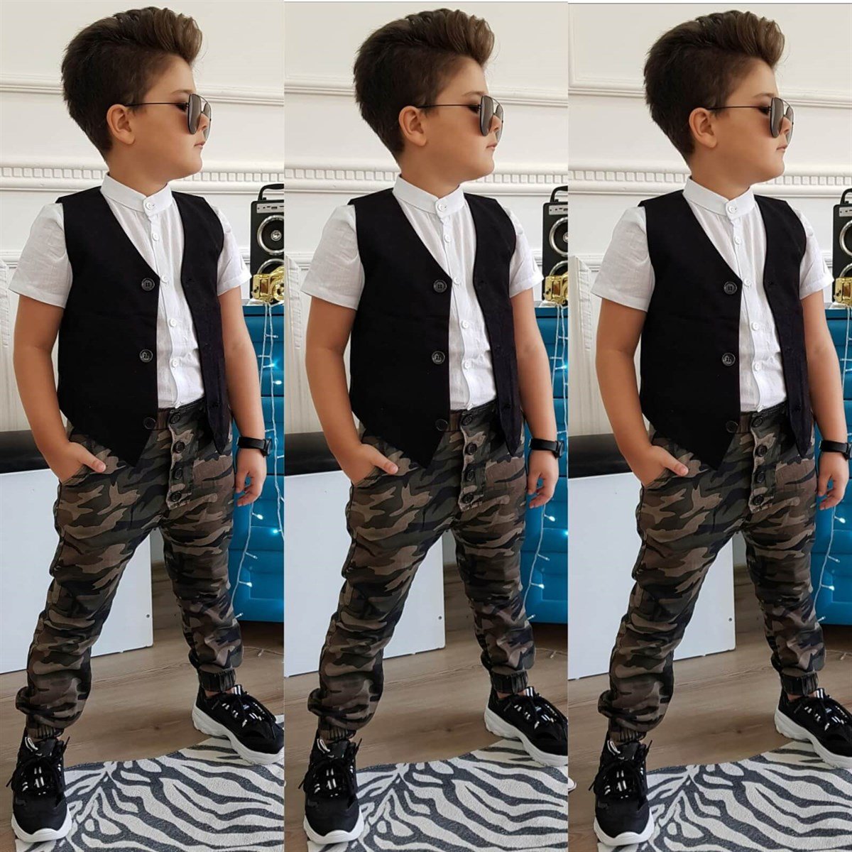 Erkek Çocuk Haki Yakalı Kamuflaj Takım-Erkek Çocuk Alt Üst Takım-QuzucukKids.com