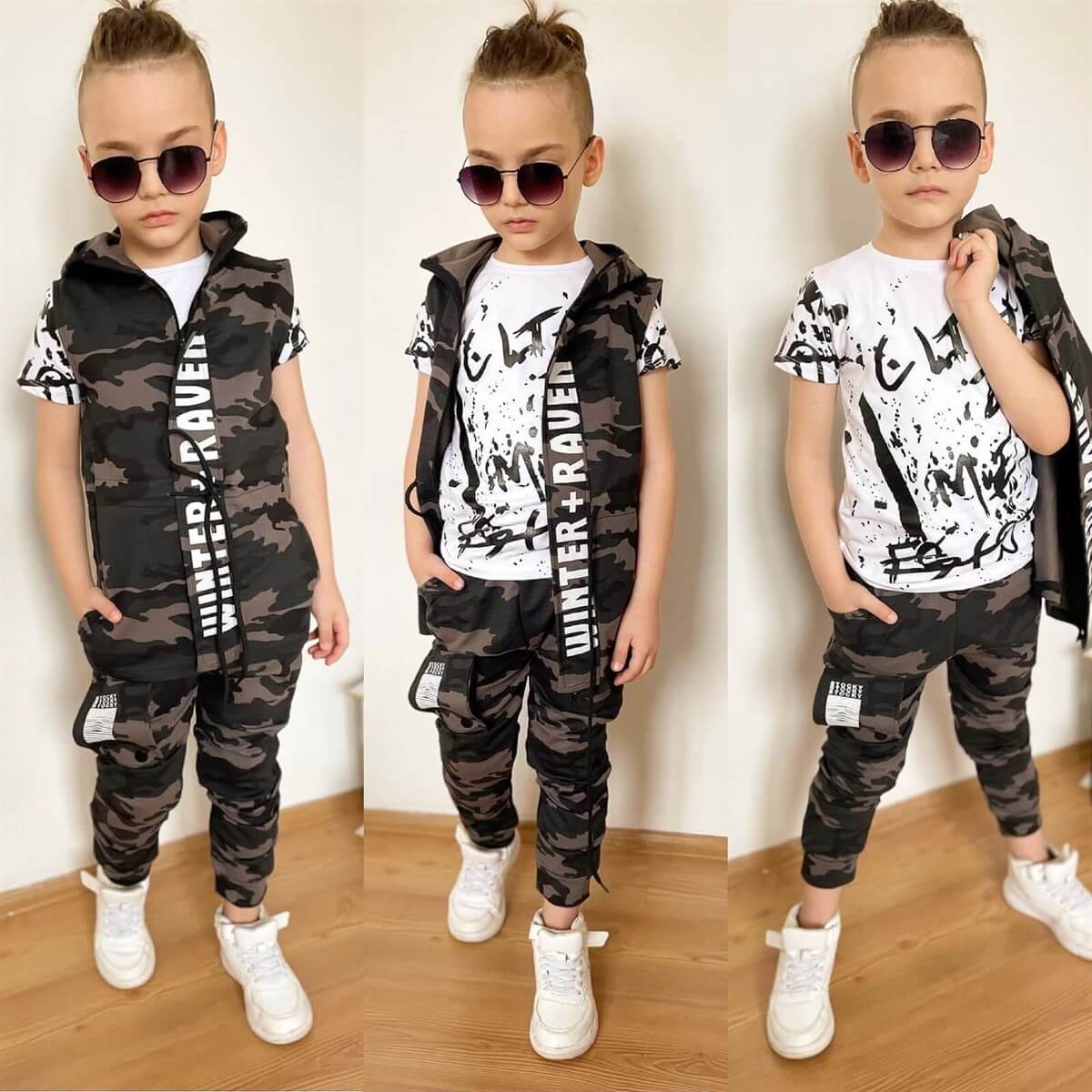 Erkek Çocuk Kamuflaj Yelekli Gri Takım-Erkek Çocuk Alt Üst Takım-QuzucukKids.com