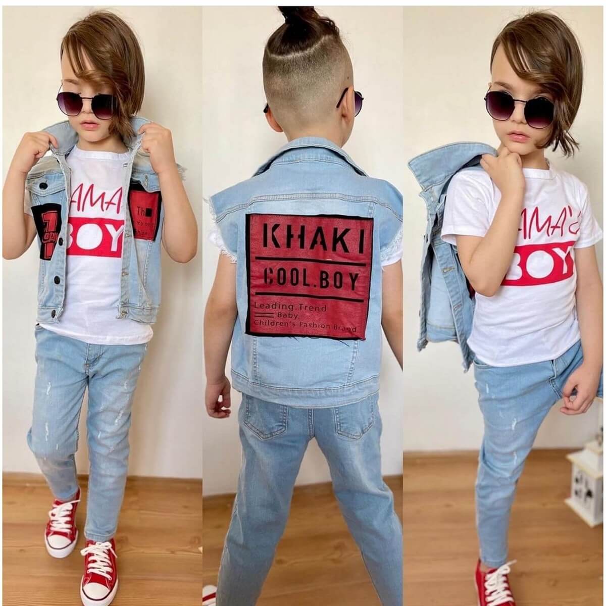 Erkek Çocuk Kot Yelekli Pantolonlu Kırmızı Takım-Erkek Çocuk Alt Üst Takım-QuzucukKids.com