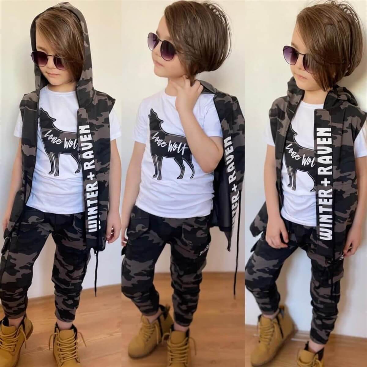 Erkek Çocuk Kurt Figürlü Kamuflaj Yelekli Takım-Kid Boy Cloth Sets-QuzucukKids.com