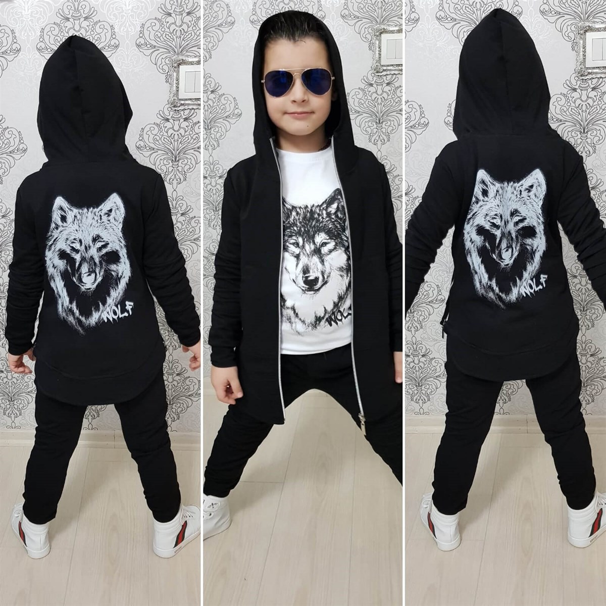 Erkek Çocuk Kurt Figürlü Siyah Takım-Erkek Çocuk Alt Üst Takım-QuzucukKids.com