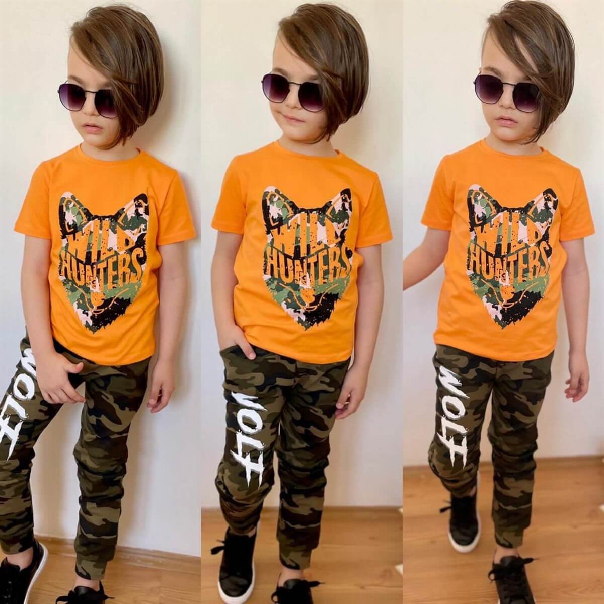 Erkek Çocuk Kurt Figürlü Turuncu Kombin-Erkek Çocuk Alt Üst Takım-QuzucukKids.com