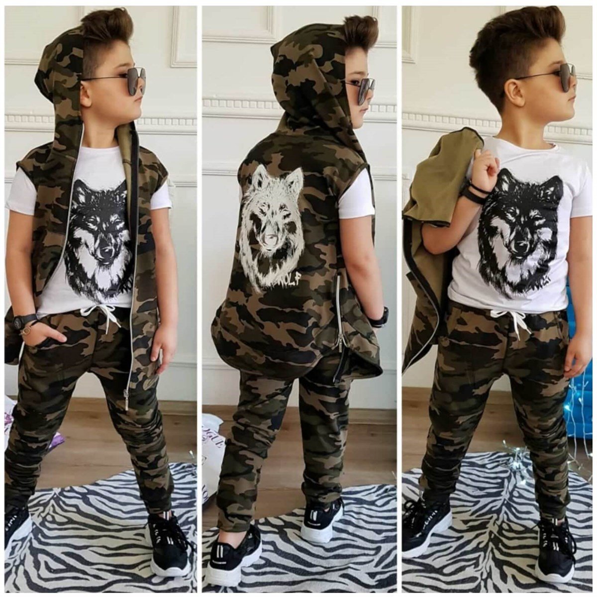 Erkek Çocuk Kurt Figürlü Yelekli Spor Takım-Kid Boy Cloth Sets-QuzucukKids.com