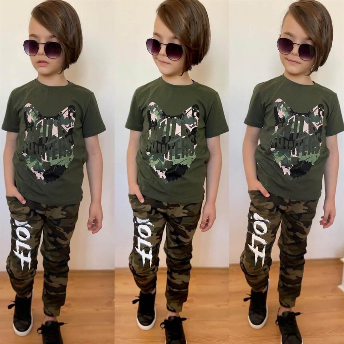 Erkek Çocuk Kurt Figürlü Yeşil Kombin-Erkek Çocuk Alt Üst Takım-QuzucukKids.com