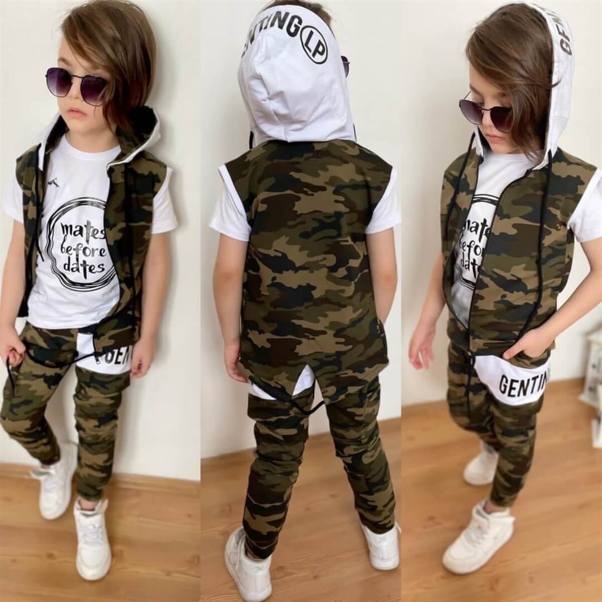 Erkek Çocuk Yelekli Kamuflaj Beyaz Tarz Takım-Erkek Çocuk Alt Üst Takım-QuzucukKids.com