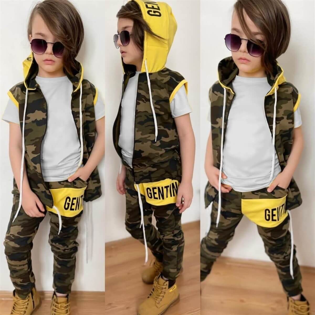 Erkek Çocuk Yelekli Kamuflaj Sarı Takım-Erkek Çocuk Alt Üst Takım-QuzucukKids.com