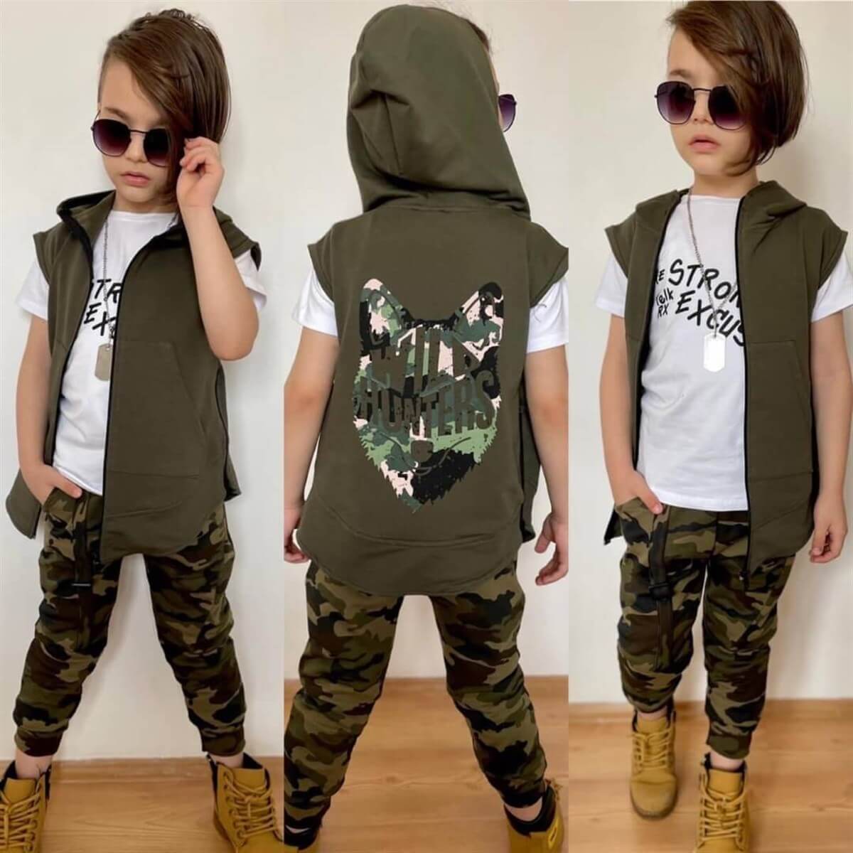 Erkek Çocuk Yeşil Yelekli Kamuflajlı Spor Takım-Kid Boy Cloth Sets-QuzucukKids.com