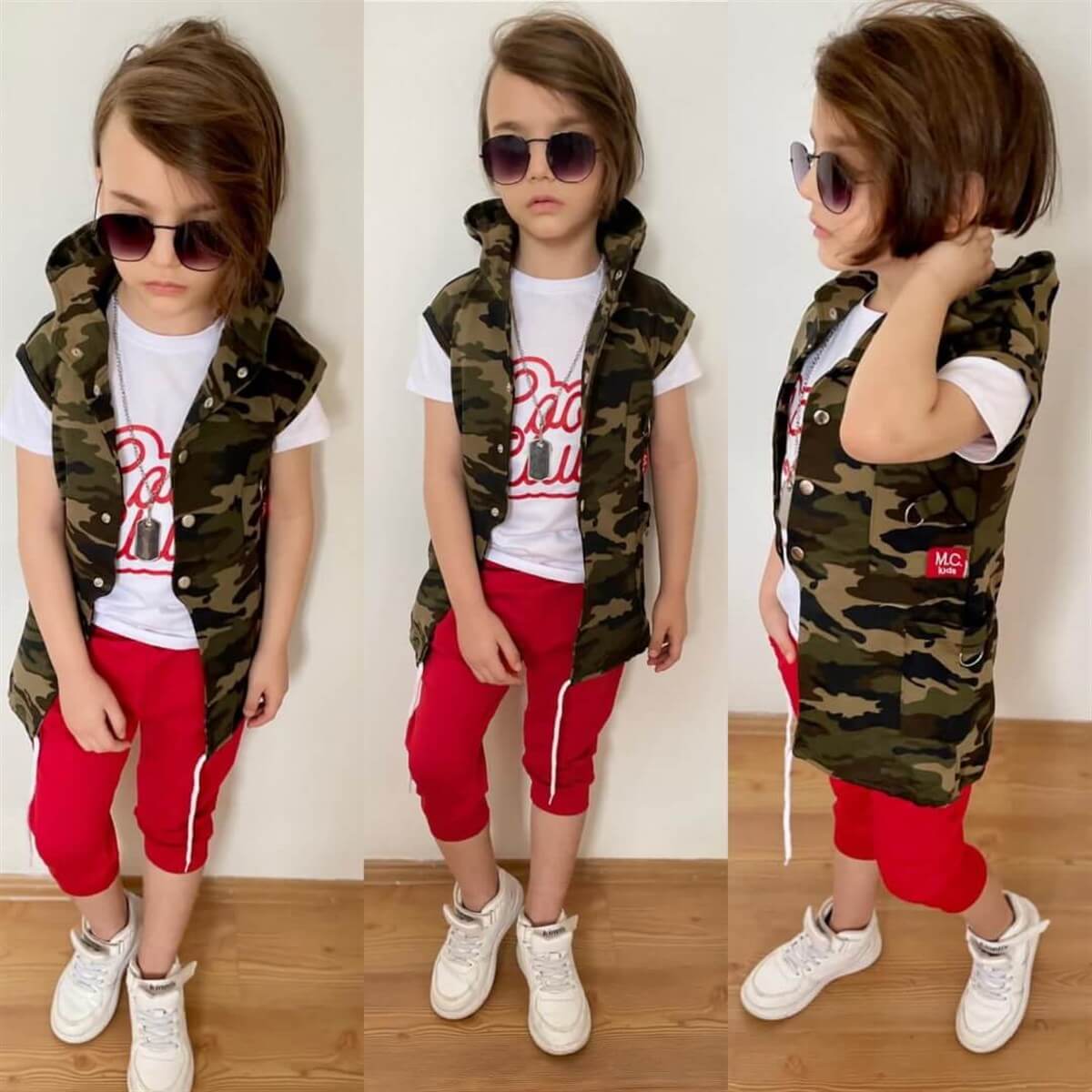 Erkek Çocuk Zincir Detaylı Kırmızı Kaprili Kamuflaj Takım-Erkek Çocuk Alt Üst Takım-QuzucukKids.com