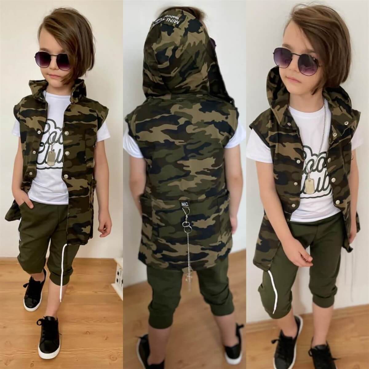 Erkek Çocuk Zincir Detaylı Yeşil Kaprili Kamuflaj Takım-Kid Boy Cloth Sets-QuzucukKids.com