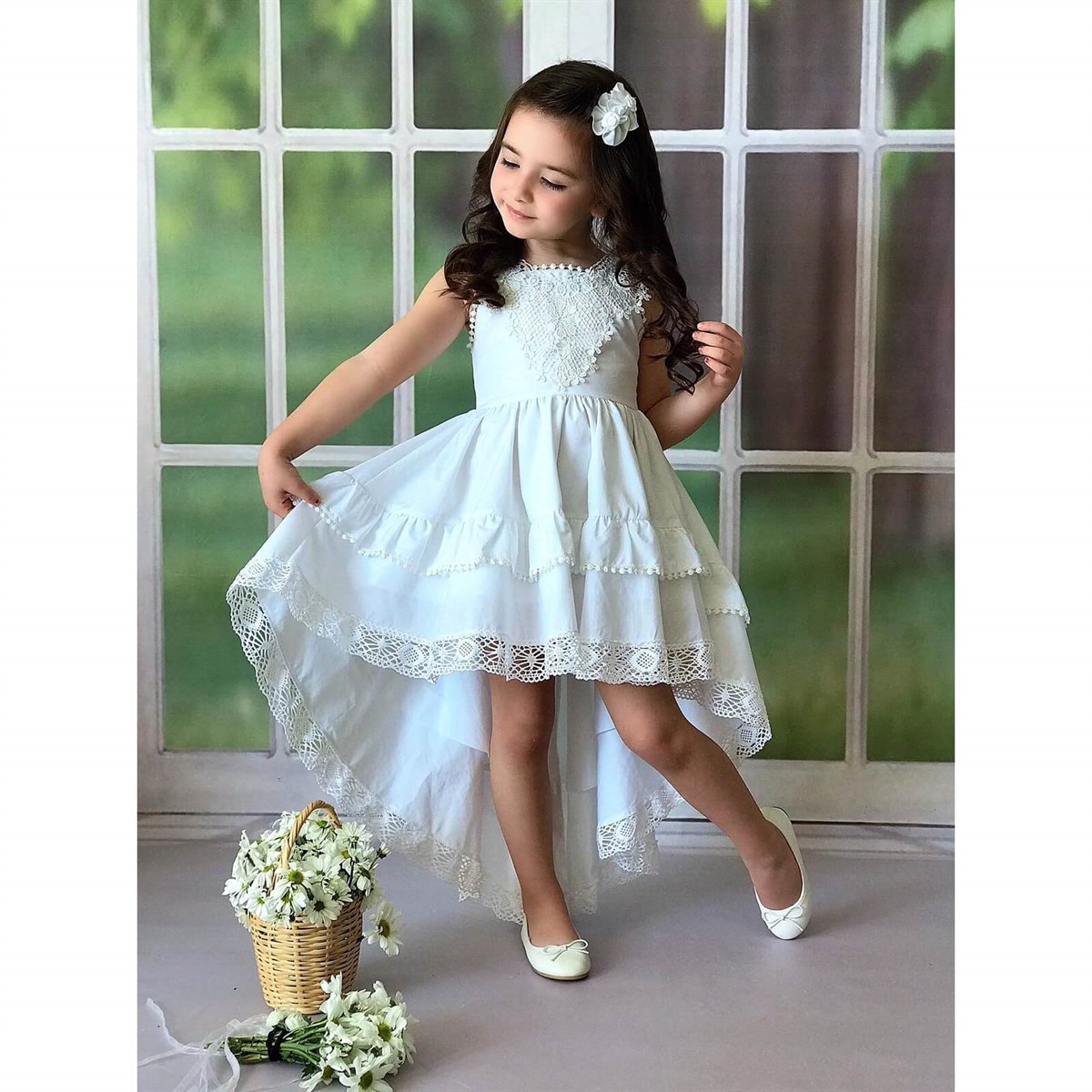 Kız Çocuk Arkası Uzun Güpürlü Elbise-Kid Girl Dresses-QuzucukKids.com