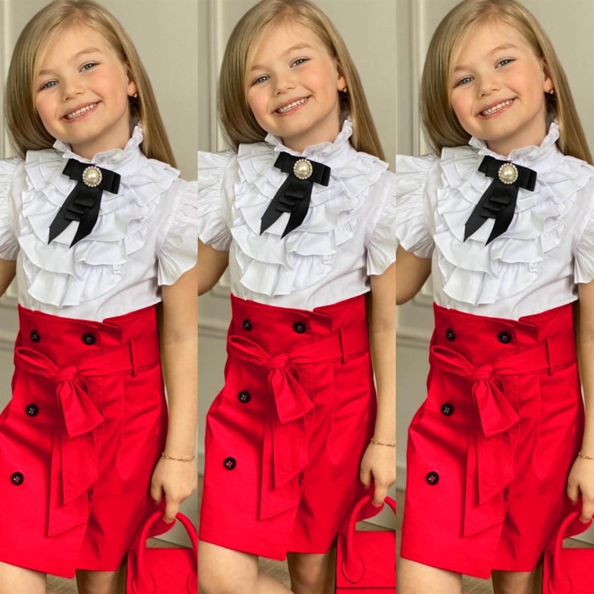 Kız Çocuk Çantalı Kırmızı Etekli Takım-Kız Çocuk Alt Üst Takım-QuzucukKids.com