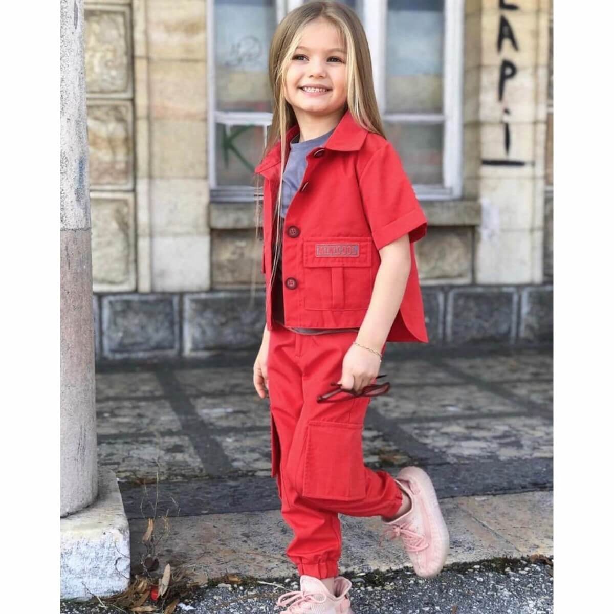 Kız Çocuk Cep Detaylı Kırmızı Ceketli Takım-Kız Çocuk Alt Üst Takım-QuzucukKids.com