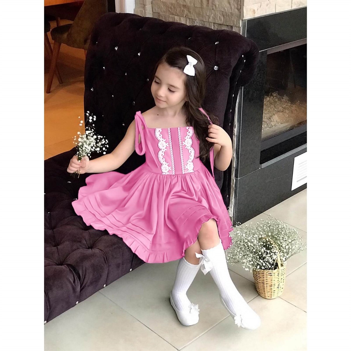 Kız Çocuk Dantel Detaylı Pembe Elbise | QuzucukKids.com