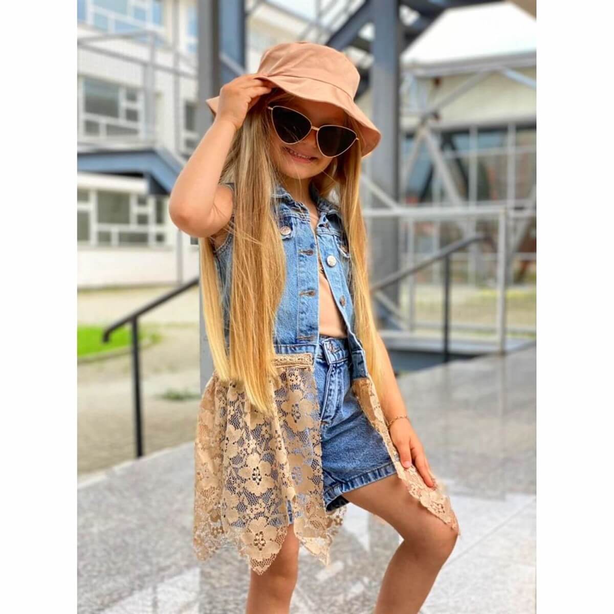 Kız Çocuk Dantel Detaylı Şapkalı Kot Takım-Kid Girl Cloth Sets-QuzucukKids.com