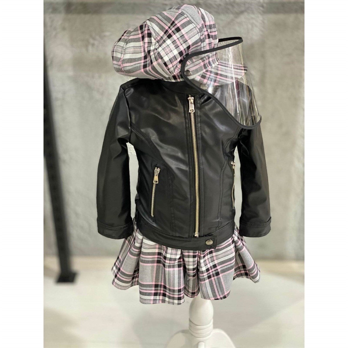 Kız Çocuk Deri Ceketli ve Siperlikli Gri Ekose Takım-Kız Çocuk Alt Üst Takım-QuzucukKids.com