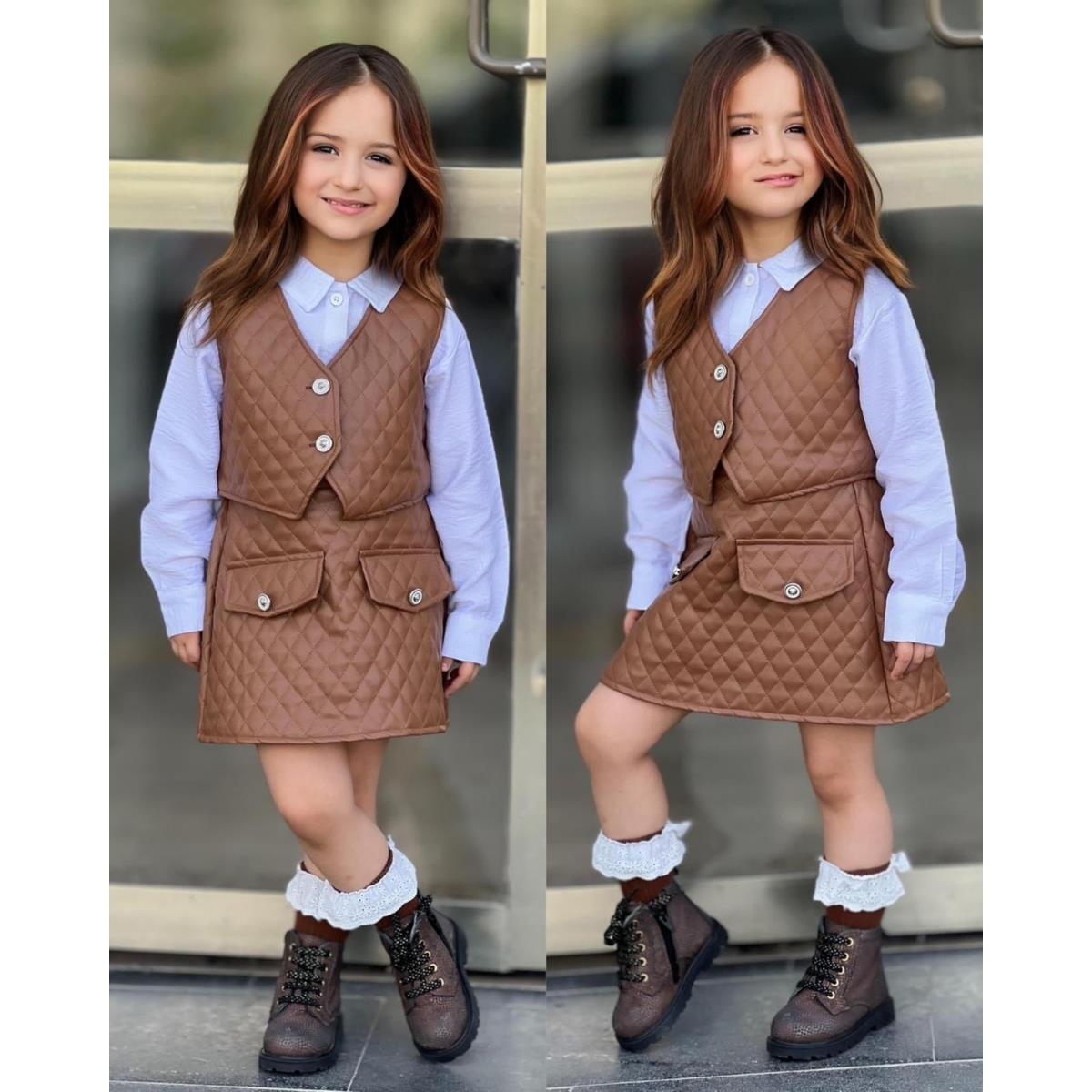 Kız Çocuk Deri Detaylı Kahverengi Etek ve Yelekli Takım-Kız Çocuk Alt Üst Takım-Kız Çocuk Deri Detaylı Kahverengi Etek ve Yelekli Takım QuzucukKids.com-QuzucukKids.com