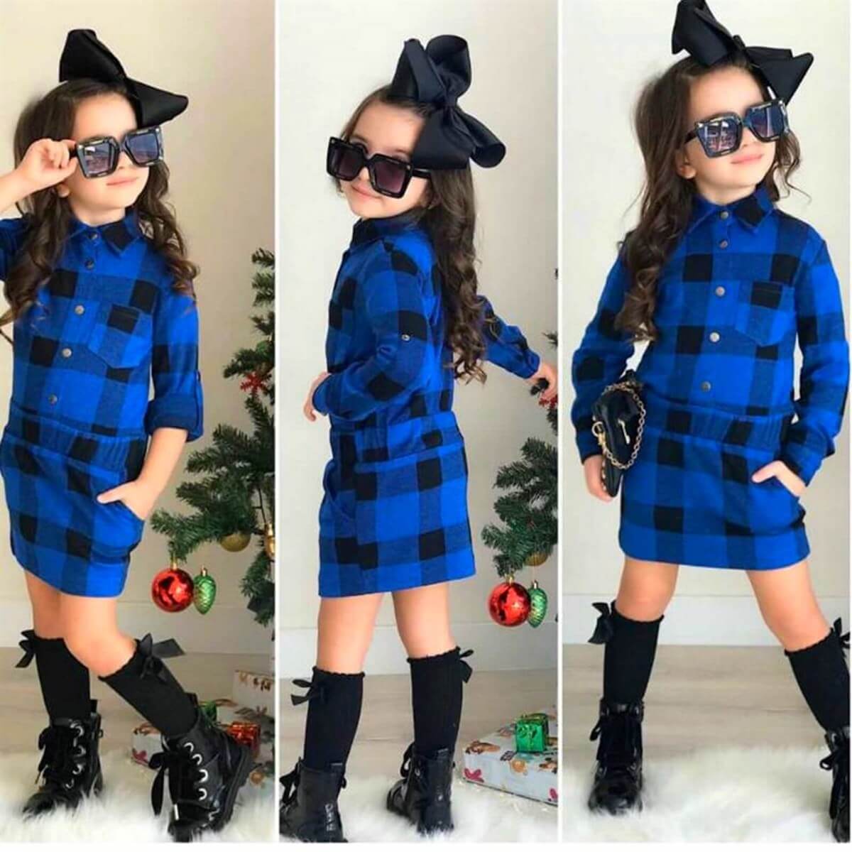 Kız Çocuk Ekose Baharlık Elbise Takımı-Kid Girl Cloth Sets-QuzucukKids.com