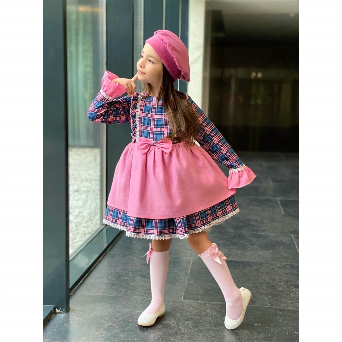 Kız Çocuk Ekoseli Elbise Kombin-Kız Çocuk Alt Üst Takım-QuzucukKids.com