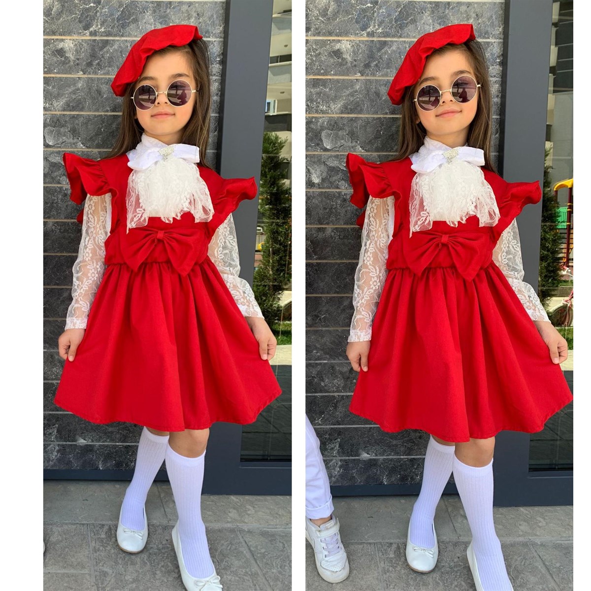 Kız Çocuk Gömlek / Salopet Elbise Kırmızı 5'li Takım | QuzucukKids.com