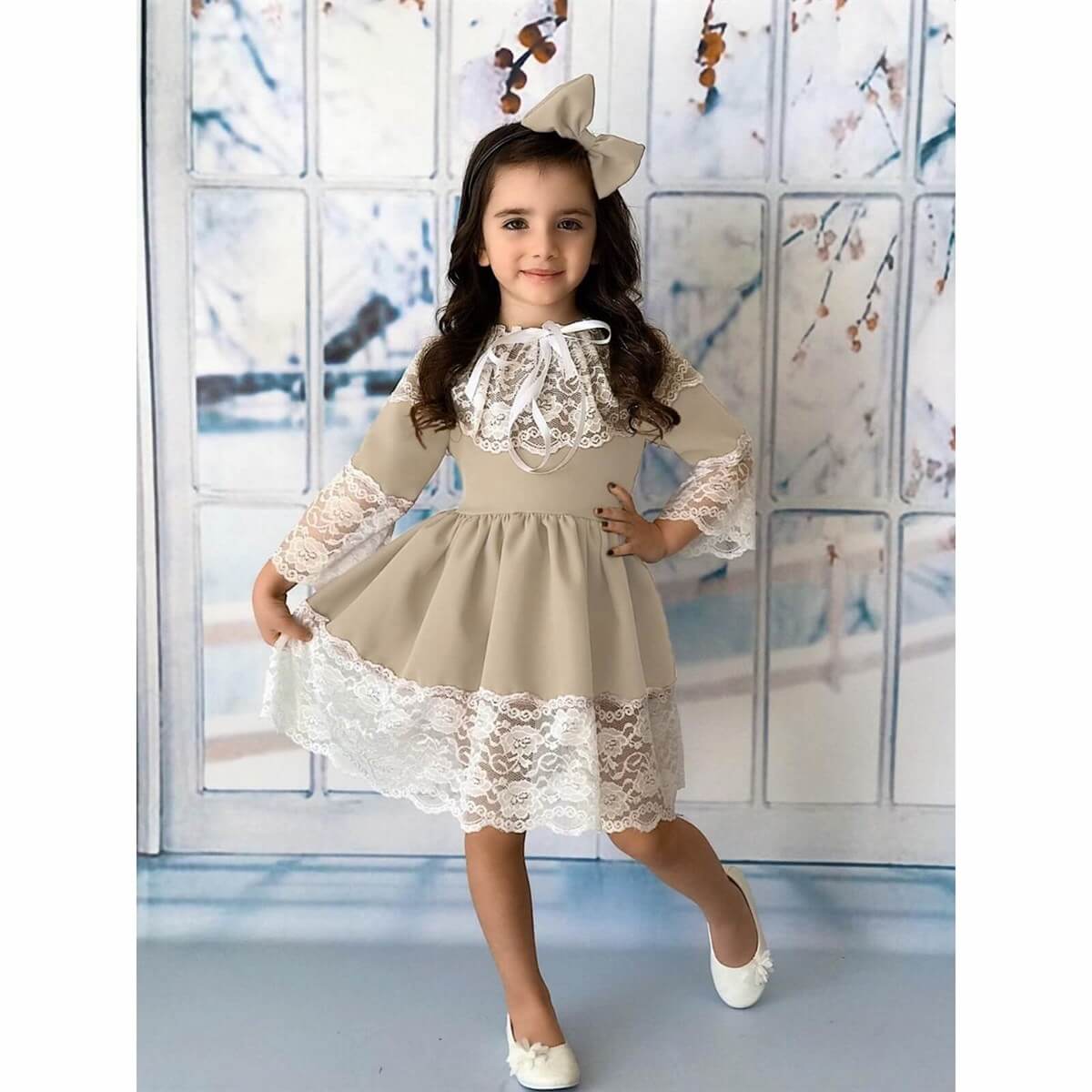Kız Çocuk Güpürlü Pudra Elbise-Kid Girl Dresses-QuzucukKids.com