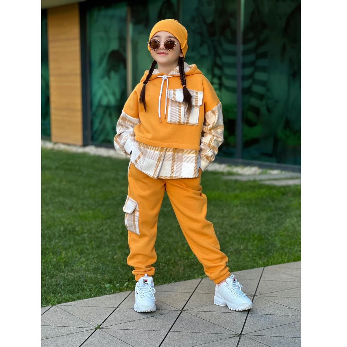 Kız Çocuk Hardal Ekose 3'lü Takım-Kız Çocuk Alt Üst Takım-Kız Çocuk Hardal Ekose 3'lü Takım | QuzucukKids.com-QuzucukKids.com