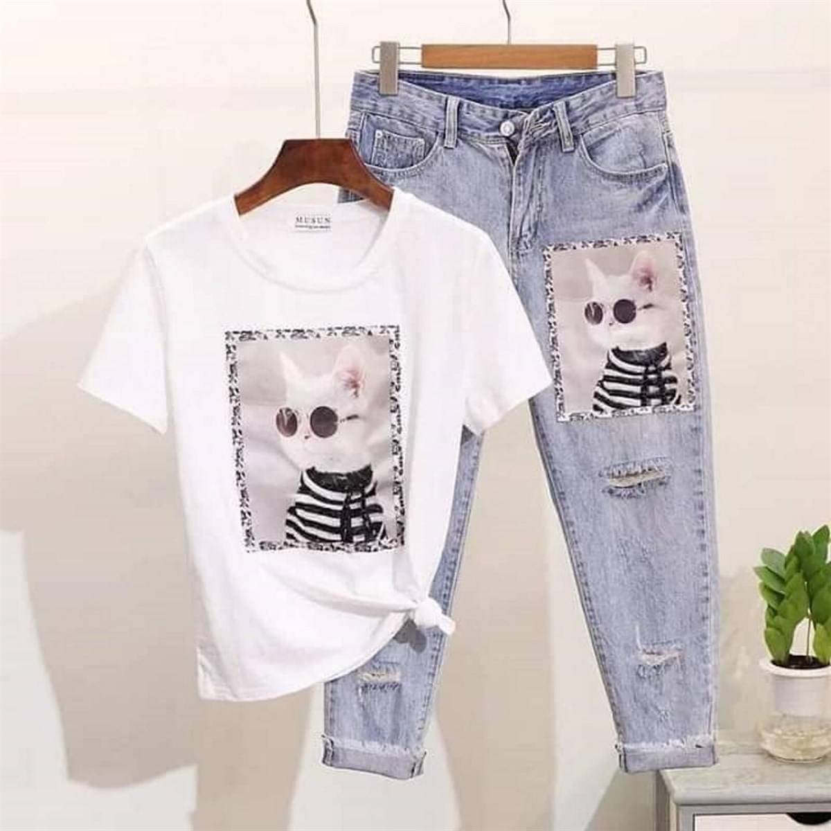 Kız Çocuk Kedi Figürlü Kot Takım-Kid Girl Cloth Sets-QuzucukKids.com