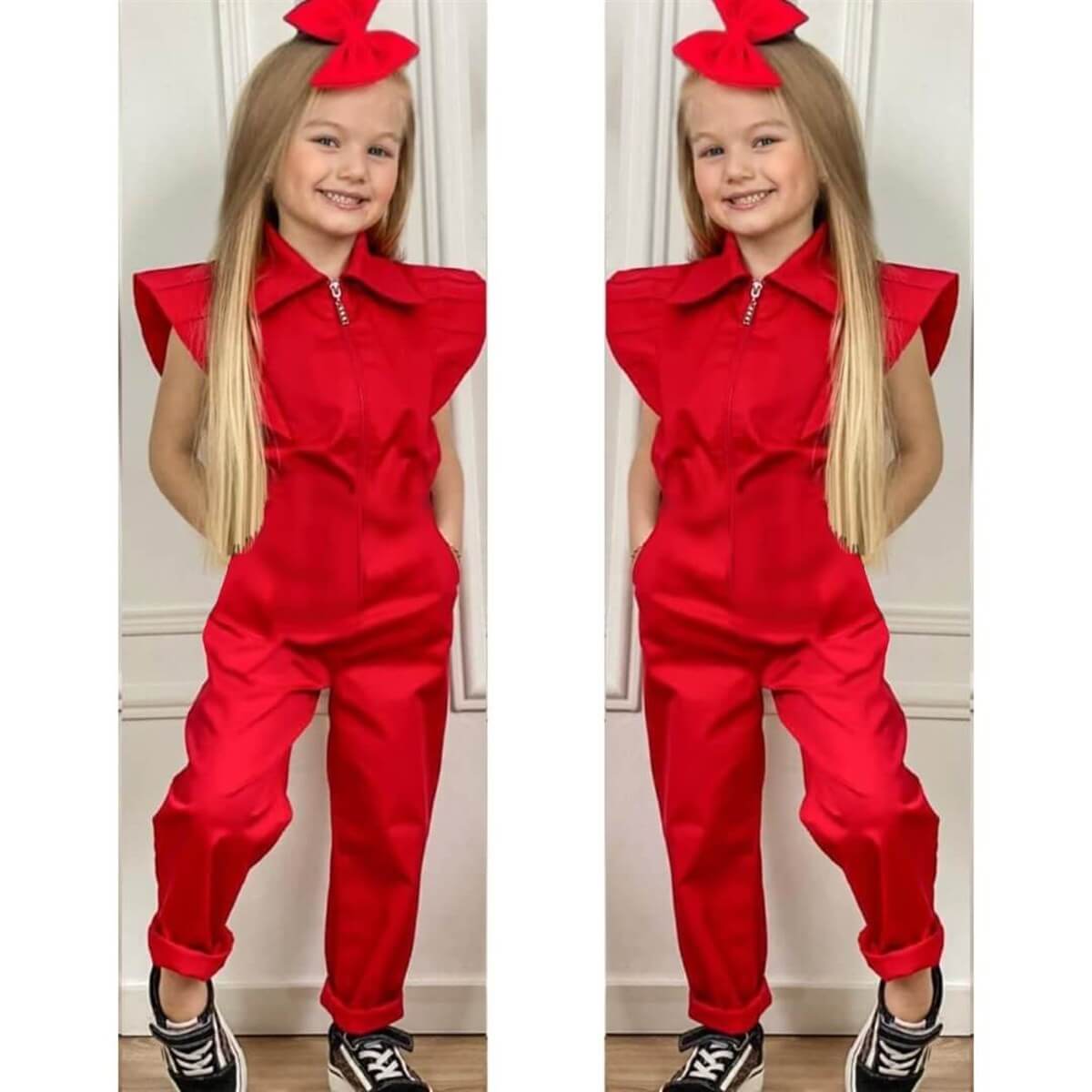 Kız Çocuk Kırmızı Gabardin Tulum-Kız Çocuk Tek Alt & Üst-QuzucukKids.com