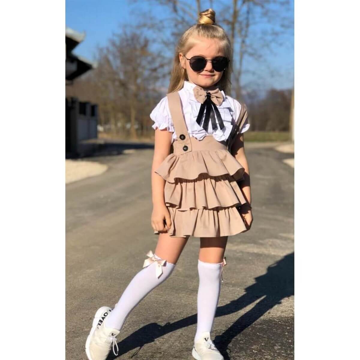 Kız Çocuk Krem Salopetli Takım-Kız Çocuk Alt Üst Takım-QuzucukKids.com