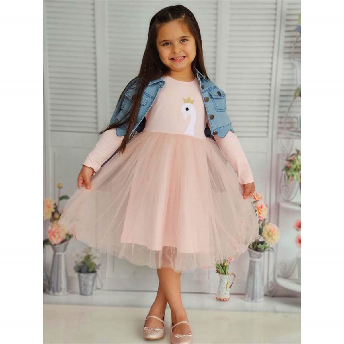 Kız Çocuk Kuğu Figürlü Kot Ceketli Tütü Takım-Kız Çocuk Alt Üst Takım-QuzucukKids.com