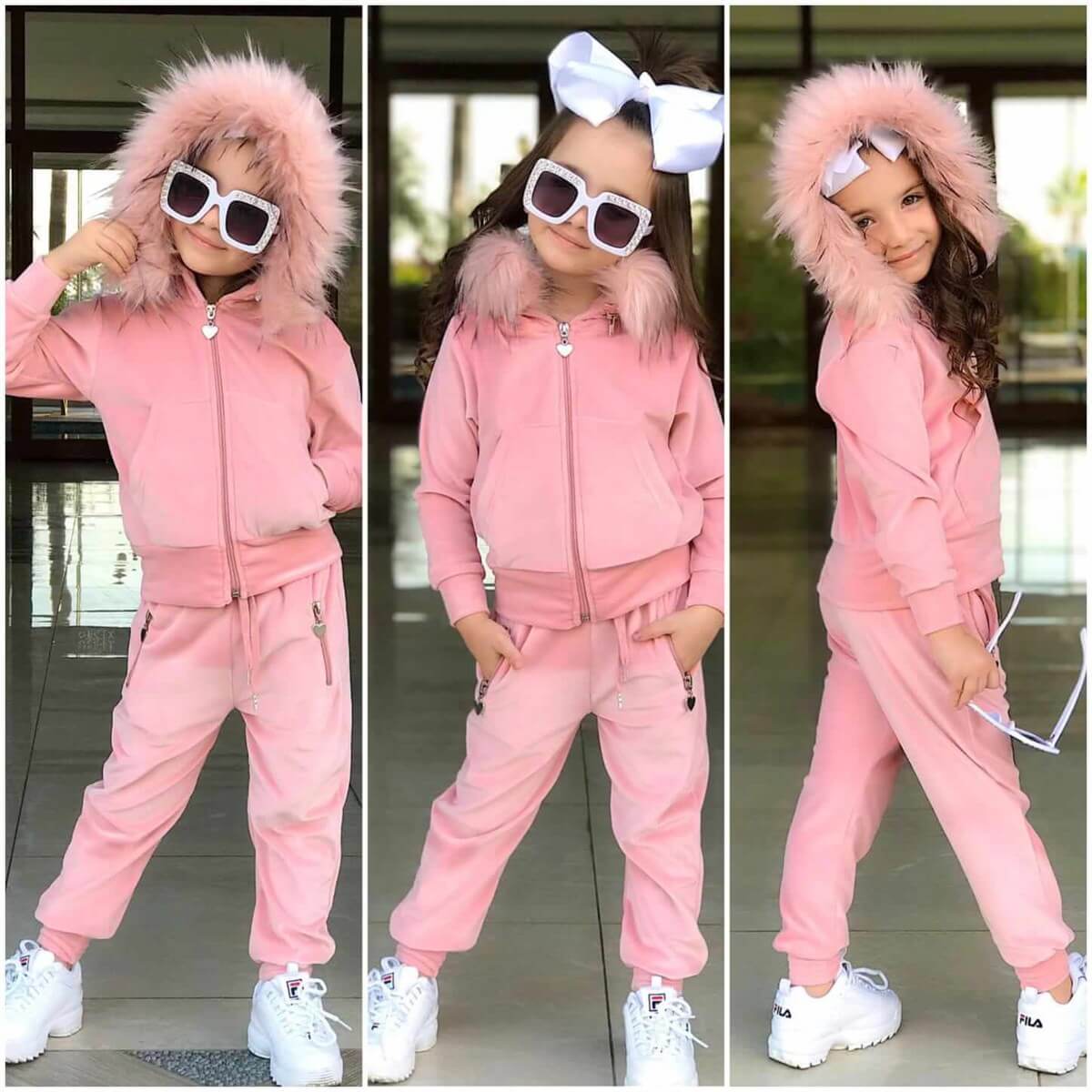 Kız Çocuk Kürk Detaylı Eşofman Seti-Kid Girl Cloth Sets-QuzucukKids.com