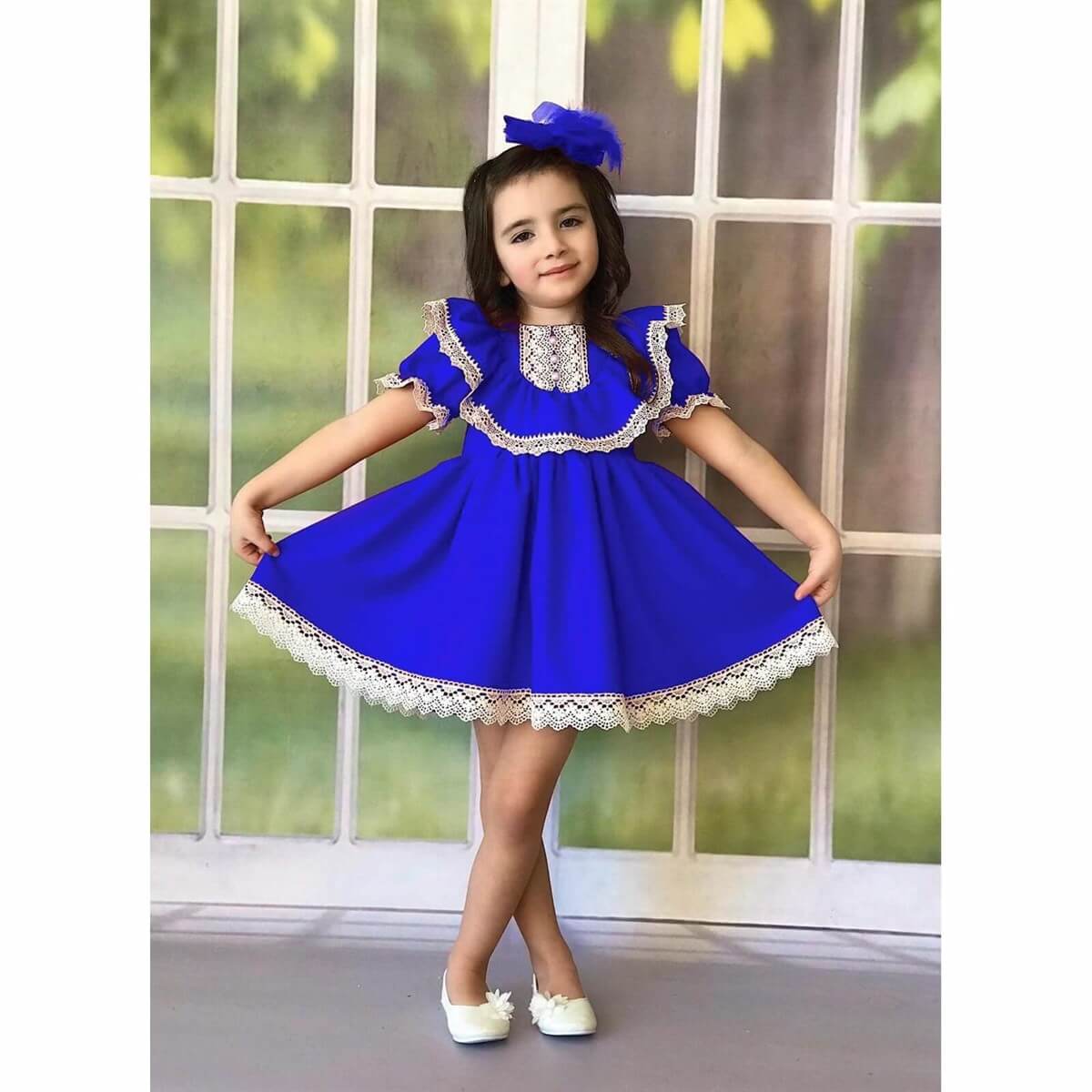 Kız Çocuk Mavi Güpür Detaylı Özel Gün Elbisesi | QuzucukKids.com