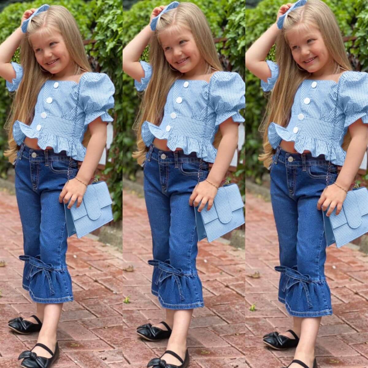 Kız Çocuk Mavi Pitikareli Çantalı Takım-Kız Çocuk Alt Üst Takım-QuzucukKids.com