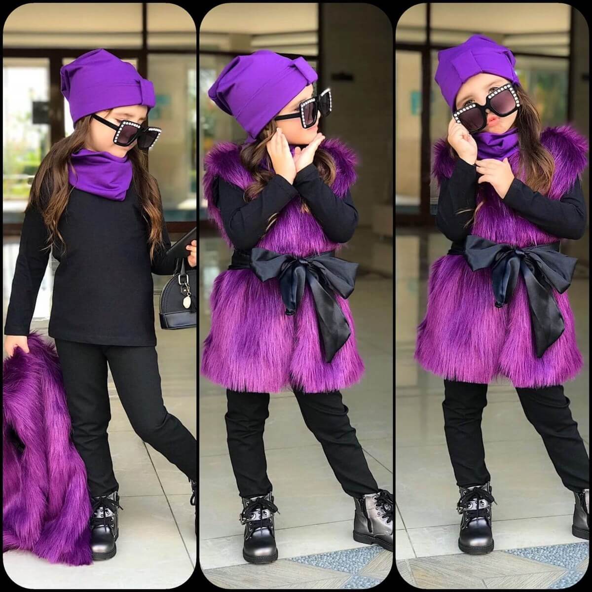 Kız Çocuk Mor Kürklü Sonbahar Seti-Seasonal Products-QuzucukKids.com