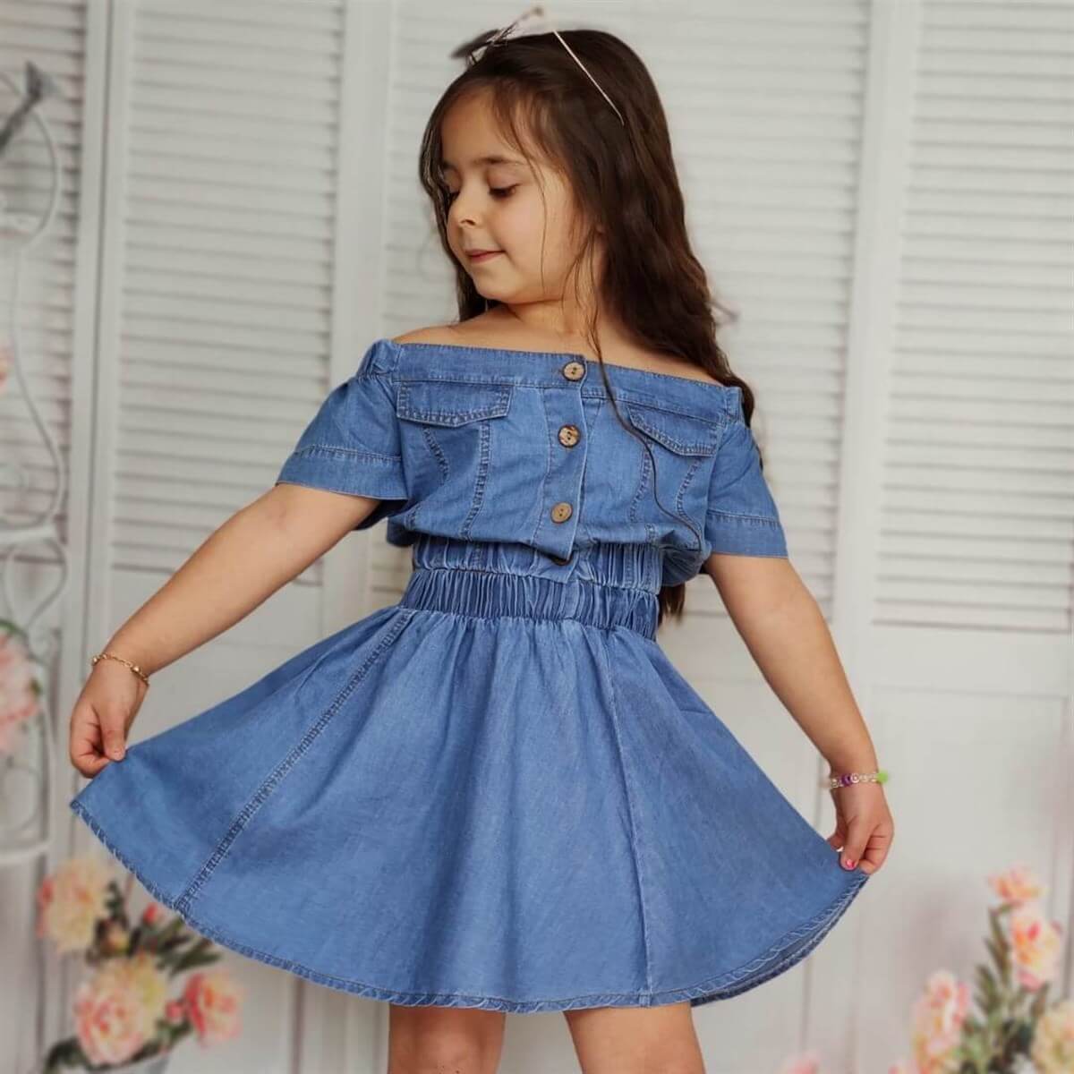 Kız Çocuk Omuz Yaka Detaylı Etekli Kot Takım-Kid Girl Cloth Sets-QuzucukKids.com