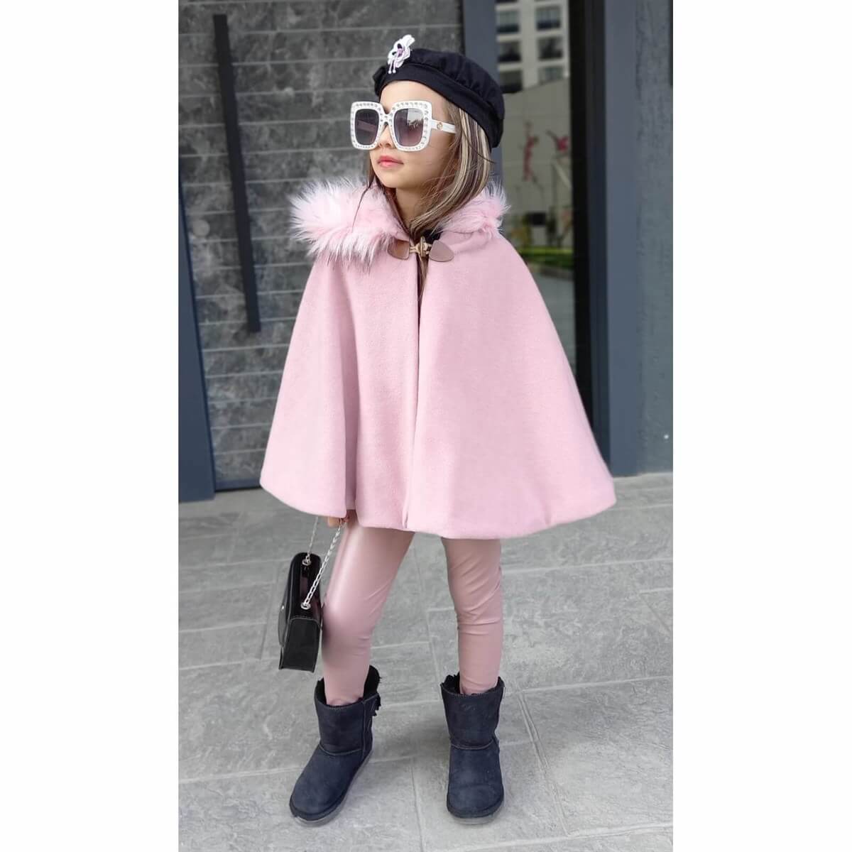 Kız Çocuk Pelerinli Pembe Takım-Kid Girl Cloth Sets-QuzucukKids.com