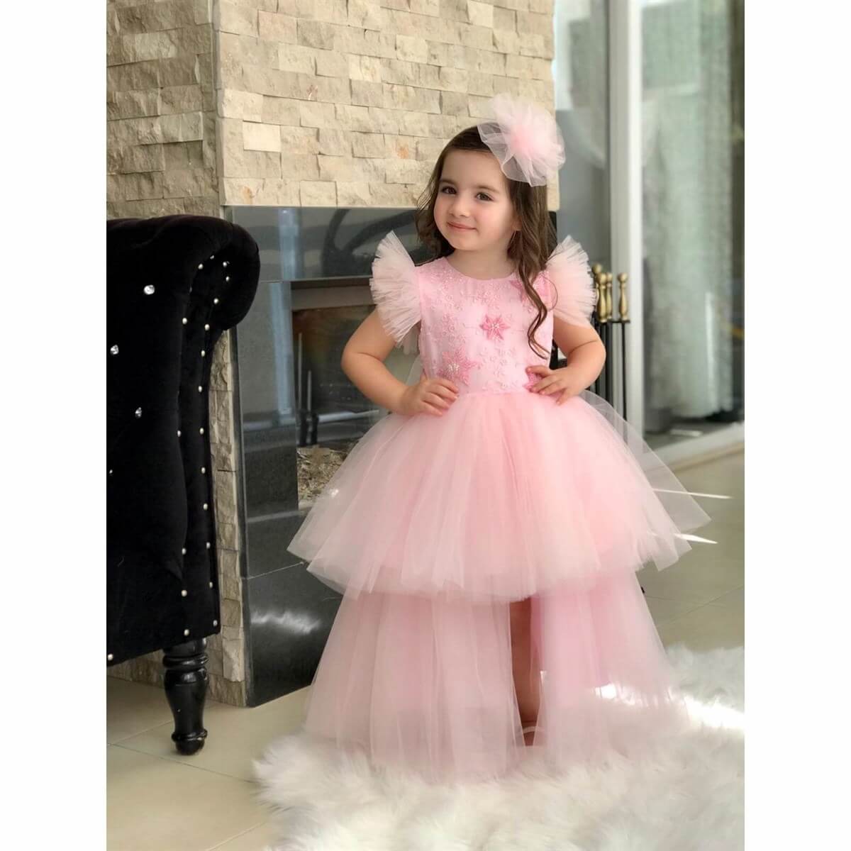 Kız Çocuk Pembe El İşlemesi Prenses Elbise-Sezon Ürünleri-QuzucukKids.com