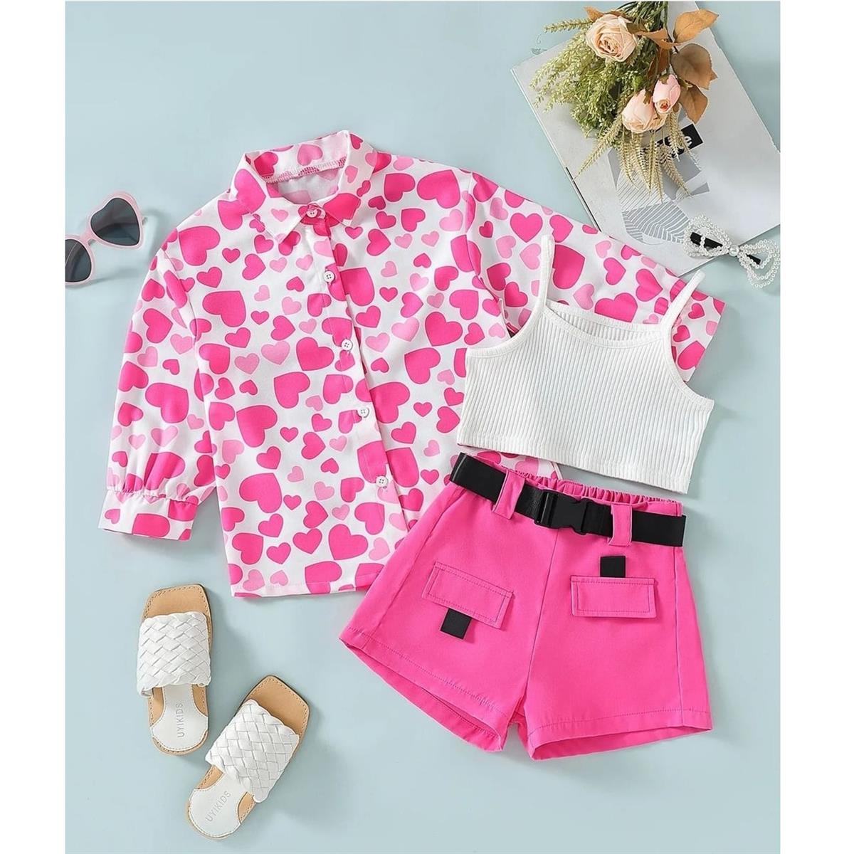 Kız Çocuk Pembe Gömlekli 4'lü Takım-Kız Çocuk Alt Üst Takım-Kız Çocuk Lila Eşofman Bomper Kolej Ceket Takım | QuzucukKids.com-QuzucukKids.com