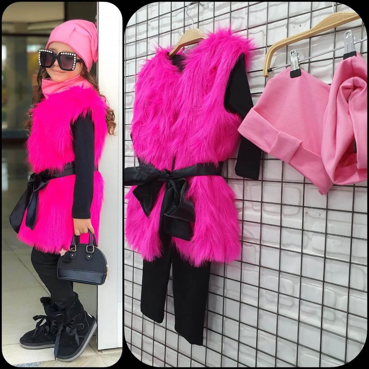 Kız Çocuk Pembe Kürklü Sonbahar Seti-Seasonal Products-QuzucukKids.com