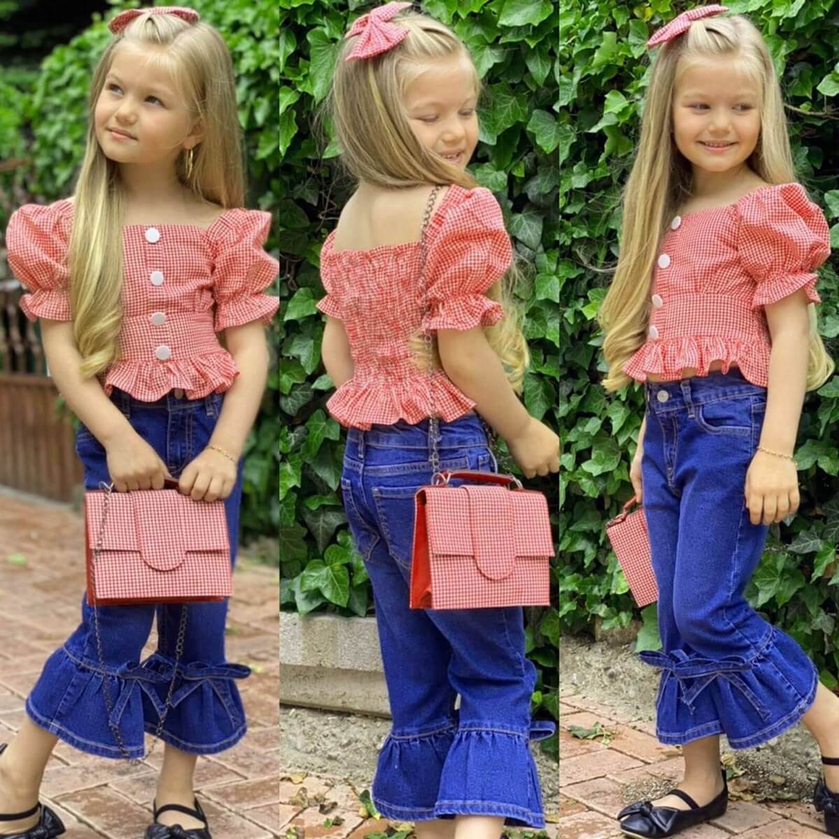Kız Çocuk Pembe Pitikareli Çantalı Takım-Kid Girl Cloth Sets-QuzucukKids.com