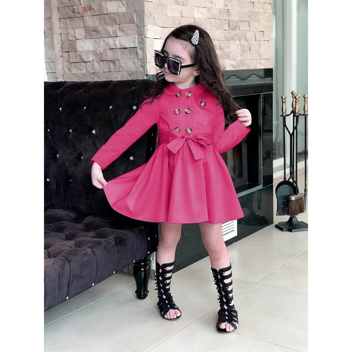 Kız Çocuk Pembe Trenç Elbise-Kız Çocuk Elbise-QuzucukKids.com