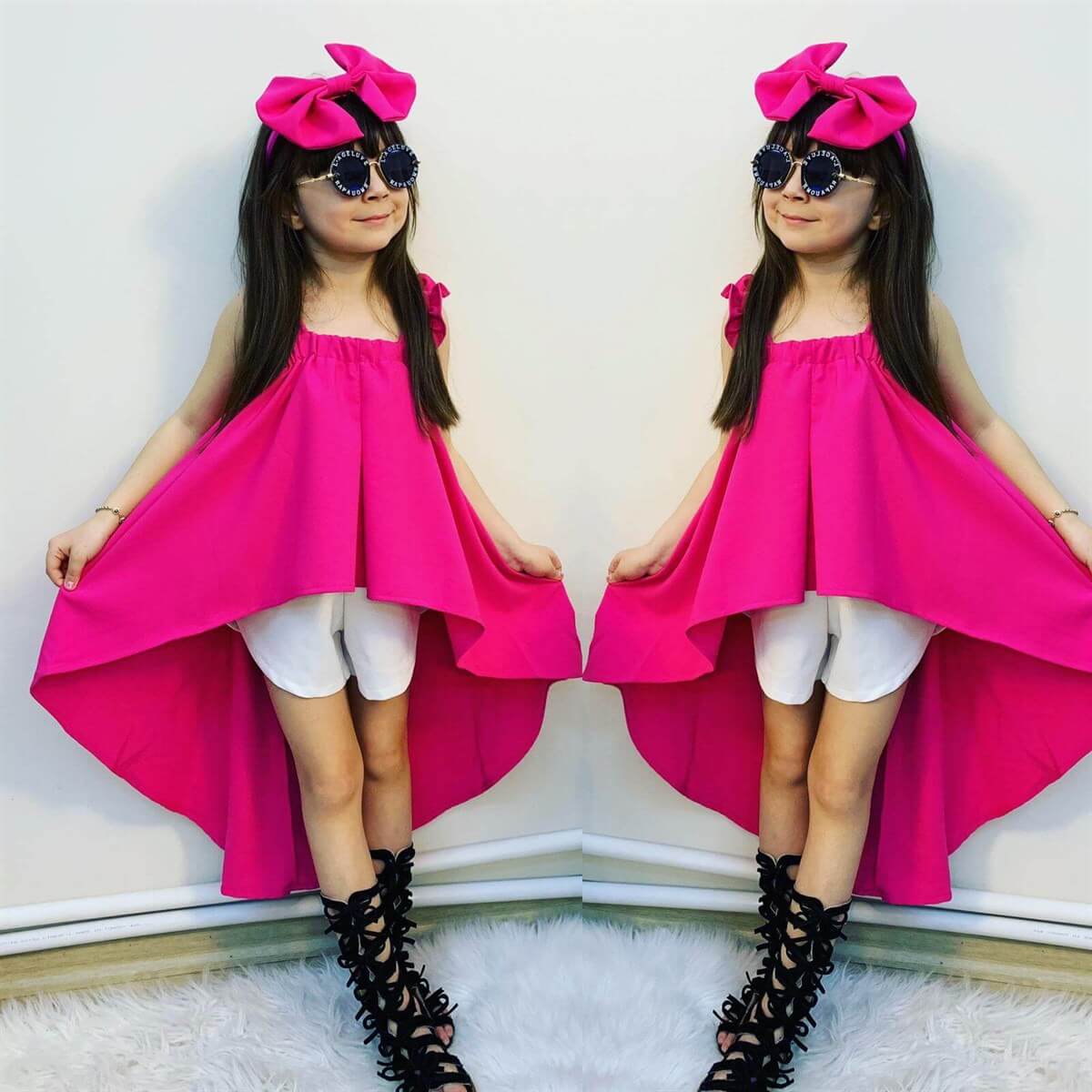 Kız Çocuk Pembe Yazlık Asimetrik Kombin-Sezon Ürünleri-QuzucukKids.com