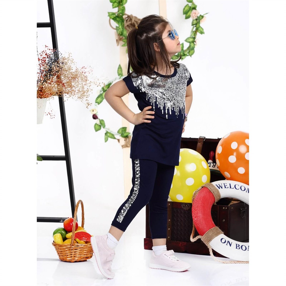 Kız Çocuk Pul Detaylı Taytlı Yazlık Takım-Kid Girl Cloth Sets-QuzucukKids.com