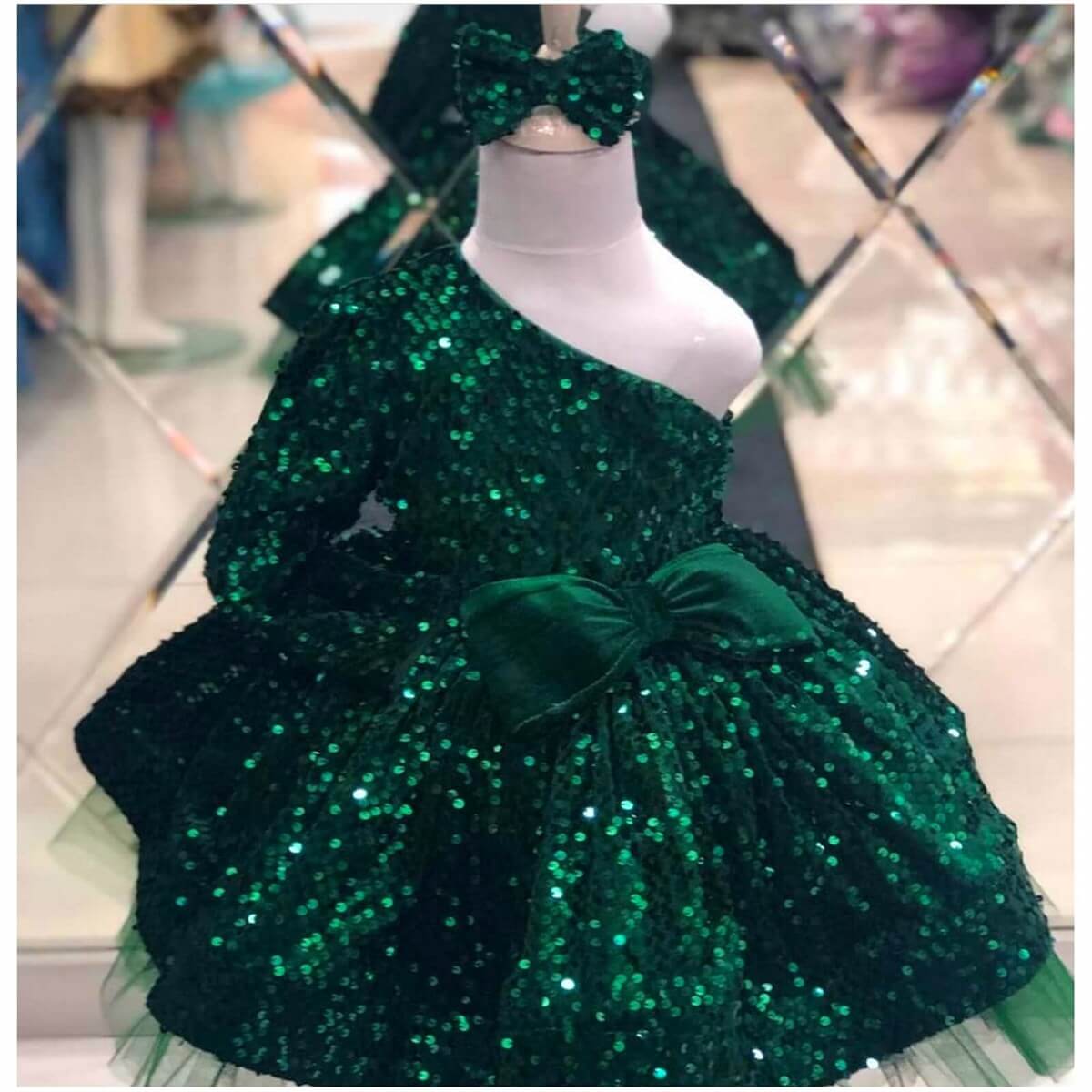 Kız Çocuk Pullu Yeşil Abiye Elbise | QuzucukKids.com